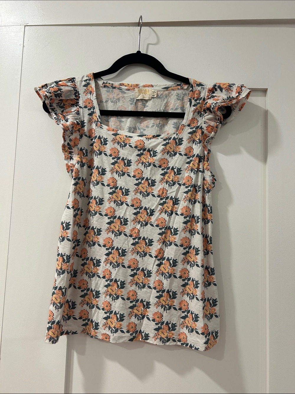 Nation LTD Floral Flutter Sleeve Women's Top - Orange on White, Large
